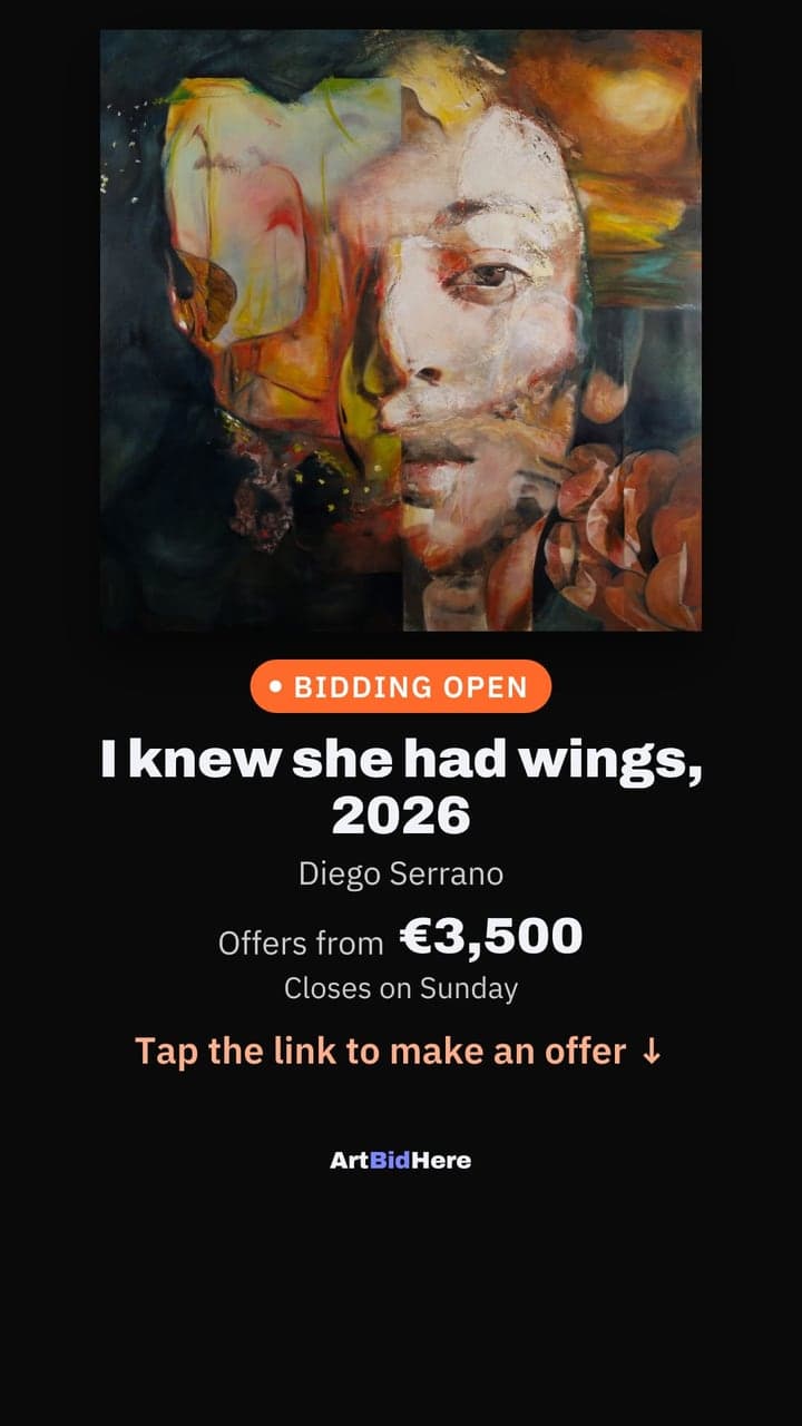 Instagram story generated by ArtBidHere with an artwork's photo, "Bidding open", when it closes and "Tap the link to make an offer"