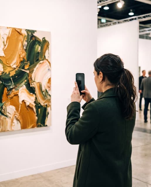 Visitor pointing her phone at a large abstract painting at an art fair