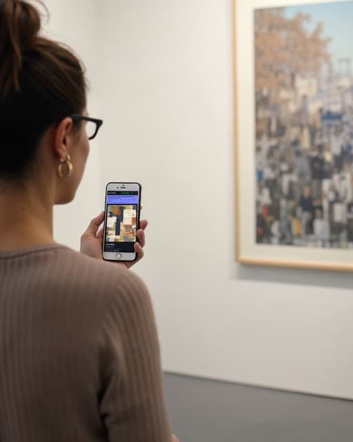 Visitor in a gallery looking at her phone after scanning a painting's QR label