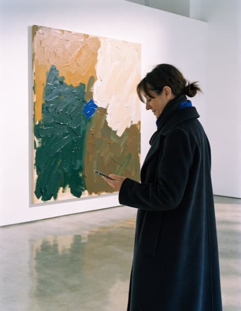 Woman checking her phone in front of an abstract painting in a gallery