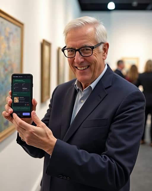 Smiling visitor holding up his phone at an exhibition, paintings on the walls behind