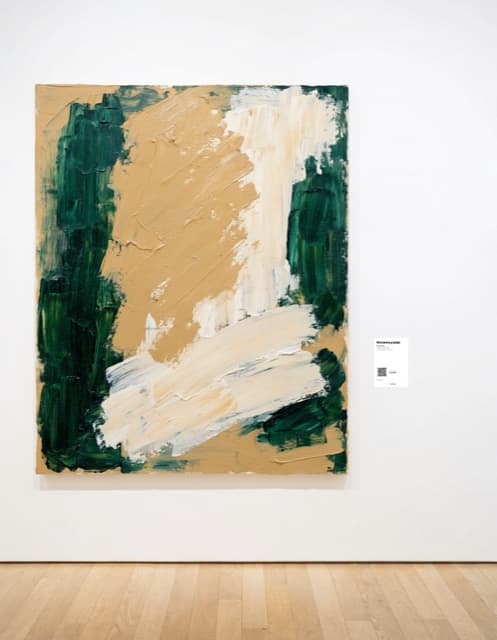 Large abstract painting on a white gallery wall with a small QR label beside it
