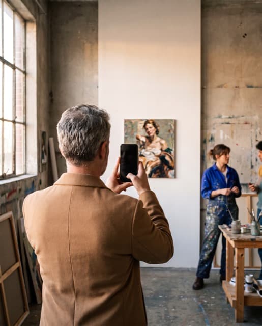 Visitor scanning a painting with his phone at an open studio while the artist works