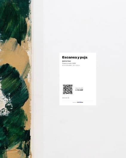 Close-up of the QR wall label hung beside an abstract painting