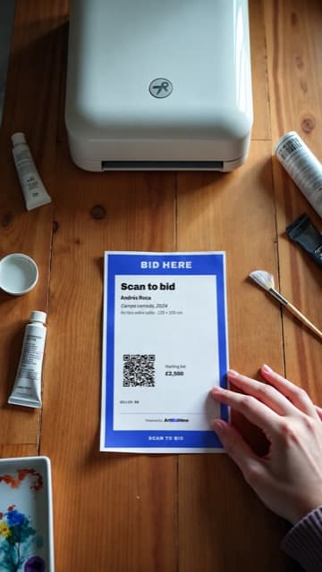 Printed A6 wall label with its QR code, beside a printer on a wooden table
