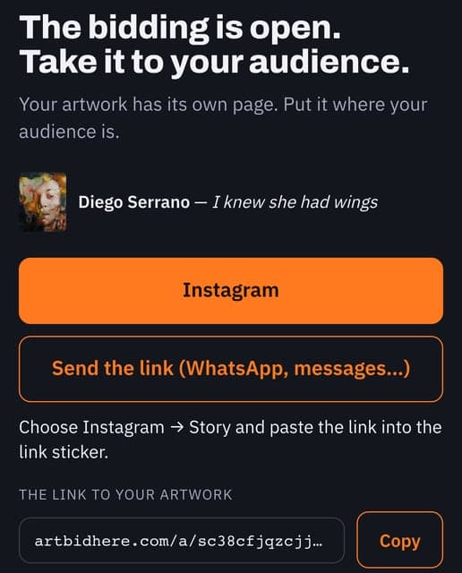 ArtBidHere's share screen on a phone, with the Instagram and Send the link buttons