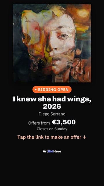 Instagram story generated by ArtBidHere with an artwork's photo, "Bidding open", when it closes and "Tap the link to make an offer"