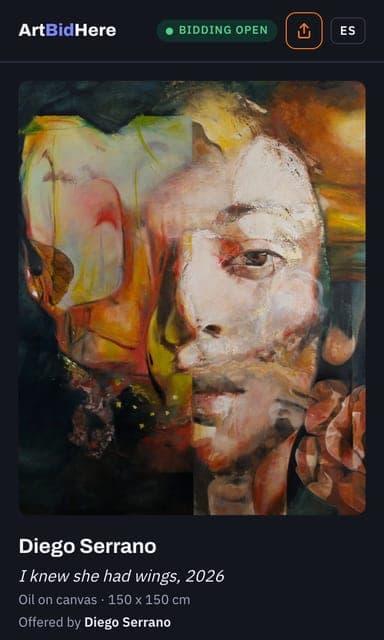 An artwork's bidding page on a phone, with "Bidding open", its photo and who offers it