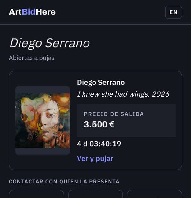 Página de un artista en ArtBidHere con sus obras abiertas, para el enlace de la bio